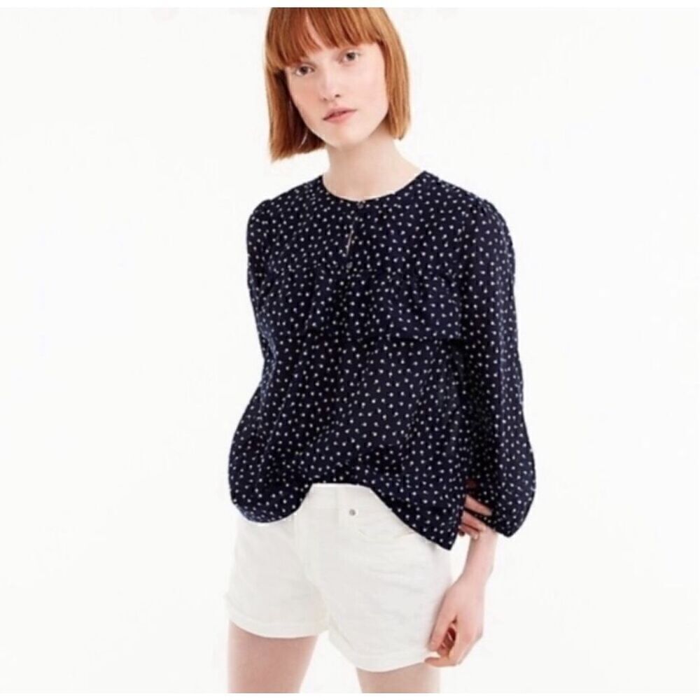 J Crew navy cherry cotton silk ruffle long sleeve blouse top medium